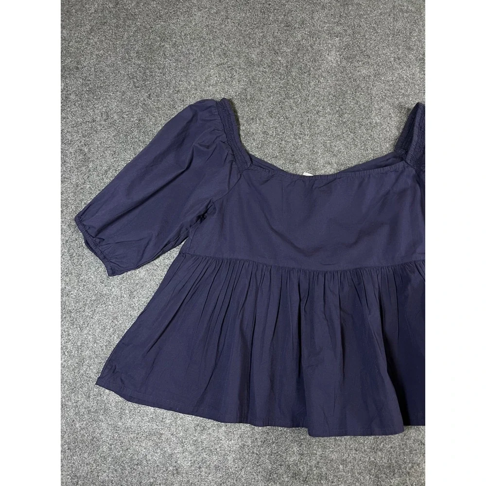 Free People Navy Blue Cotton Puff Sleeve Babydoll Blouse Top Large